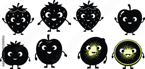 Cute fruit character illustration, cartoon strawberry, blueberry, apple, and kiwi vector, friendly faces, playful design, children's icon set, black and white