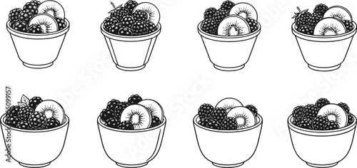 Fruit bowl, black and white, berry mix, kiwi slice, hand drawn, healthy food, sketch style, minimal, monochrome, nutrition, organic, breakfast, dessert, CAD drawing, flat vector illustration