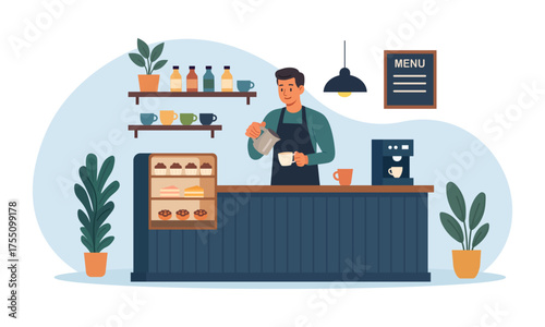 Barista making coffee with milk in cozy cafe. Man brewing hot drink with espresso machine standing at bar counter desk. Hospitality service scene