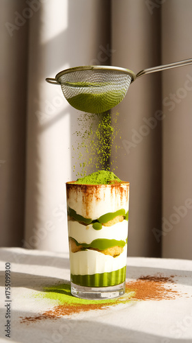 A tall glass reveals alternating layers of creamy white and green matcha, topped with a burst of vivid powder being dusted from a fine sieve, creating a fresh, stylish culinary scene.