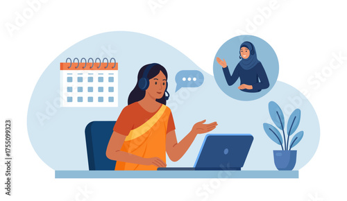 Indian woman hosts video meeting with client. Remote work. Customer care support, training, inclusive digital communication. Diverse team members connect through video call. Online business conference