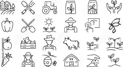 Farming icon set. Agriculture related line icons: farm, gardening, smart farm, farm animals, seeding, farmer and more. Editable stroke. Vector illustration 