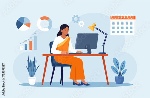 Indian woman working at workplace, typing, surfing internet, using technology. Business planning and analytics. Productivity and positive environment. Freelance. Remote work in home office