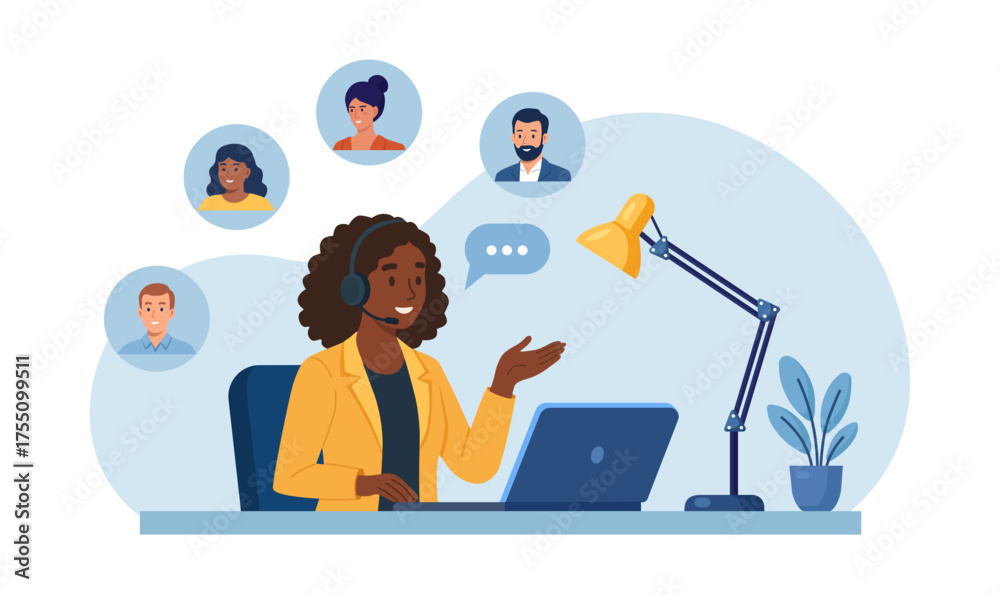 Obraz premium Online business conference. African woman hosts video meeting on laptop. Remote work. Customer care, online training, inclusive digital communication. Diverse team members connect through video call