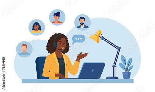Online business conference. African woman hosts video meeting on laptop. Remote work. Customer care, online training, inclusive digital communication. Diverse team members connect through video call