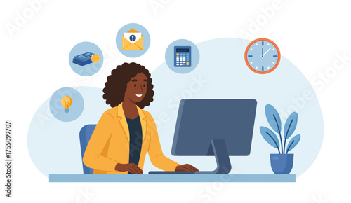 African business woman works on computer. Multitasking, business administration. Character performs multiple tasks for effective time management. Efficient employee performance, work accomplishment