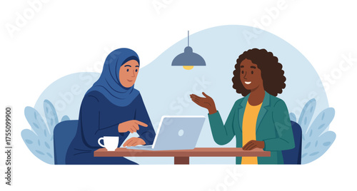 Muslim woman and her African friend are discussing project in cafe. Business consultation. Diversity partnership. Startup presentation. Diverse women working or studying together in co-working space