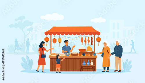 Asian street market kiosk. Local outdoor fair. Colorful street food stand with lanterns and buyers at counters. Friendly vendor serving dumplings and noodle to customers. Arabic or Indian marketplace