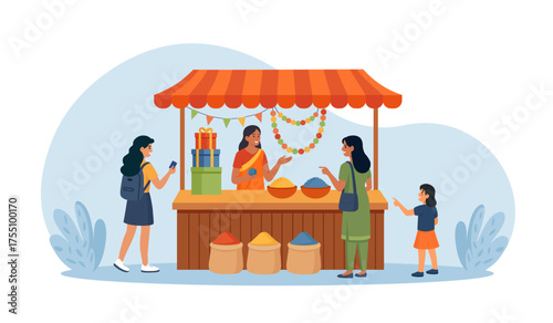 Asian street market kiosk. Local outdoor fair. Street food stand with lanterns and buyers at counters. Indian woman vendor serving spices and souvenirs to customers. Traditional goods marketplace