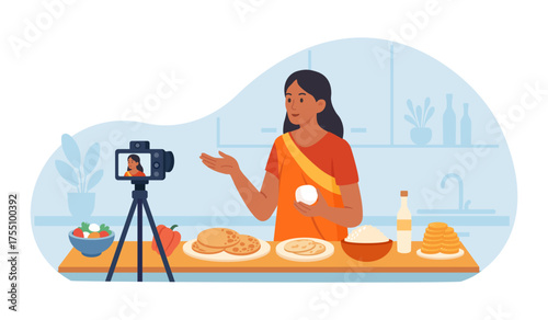 Food bloggers Muslim and African American records a step by step recipe in cozy kitchen. Chef live streaming cooking national cuisine dishes. Social media posts creation. Video tutorial, culinary show