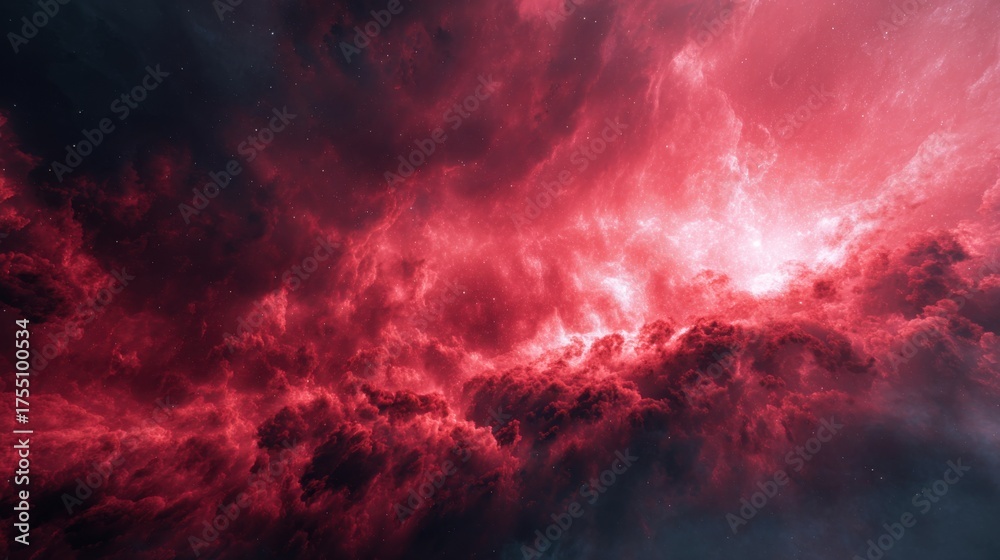 Fototapeta premium A vivid display of red clouds and cosmic dust creates a mesmerizing night sky. The dramatic colors blend seamlessly invoking a sense of wonder and beauty in the universe.