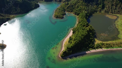 Beautiful nature of Azores islands. Breathtaking turquoise volcanic lake Lago de Fuego (Lagoa do Fogo) aerial 4k hd drone video. Sao Miguel island, Portugal 