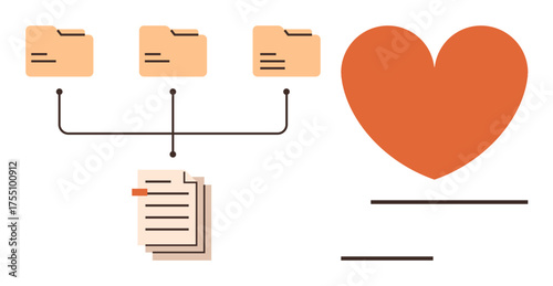 Three folders connected to a stack of documents, paired with a red heart symbol, representing data management, organization, teamwork, digital sharing, love for work, and care in simplicity. Ideal