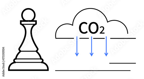 Chess pawn alongside a CO2 cloud with downward arrows depicting carbon reduction. Ideal for climate strategy, sustainability, environmental responsibility, decision-making, innovation, ecological