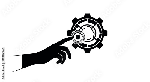 Silhouette of a hand reaching out to touch a futuristic gear interface, symbolizing technology and innovation.