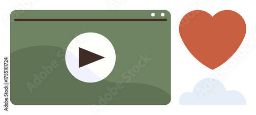 Media interface with play button in green window beside red heart and small blue cloud. Ideal for video streaming, online content, creativity, entertainment, love, branding, simple flat metaphor