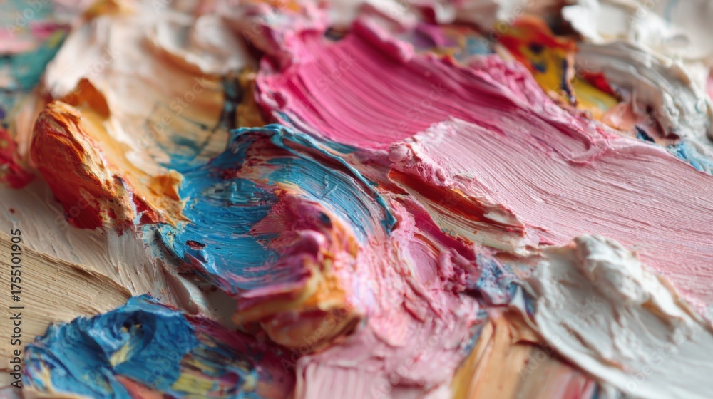 Fototapeta premium Bold and vibrant colors mix together on a canvas displaying rich textures and layers of paint. This artwork captures the essence of creativity during an art session.