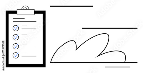 Minimal clipboard with completed checklist, cloud-thumbs up shape for digital storage concept. Ideal for productivity, planning, data management, organization, workflow, completion teamwork. Simple