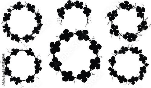 Grapevine wreath silhouette, grape leaf vector, curling tendril design, botanical ring illustration, wine theme element, editable black icon set
