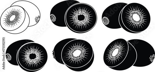 Kiwifruit cross-section icons, black silhouette fruit set, radial seed pattern, botanical design, minimal vector style, cad drawing flat vector illustration