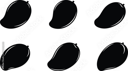 Mango silhouette vector set, black fruit shapes, tropical fruit icons, CAD drawing flat vector illustration, food design, minimal style