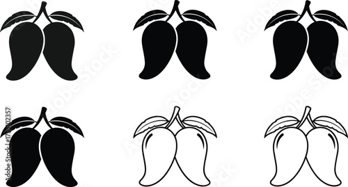 Mango silhouette vector, fruit icon set, black and outline style, leaf stem detail, editable tropical design, minimal illustration grid