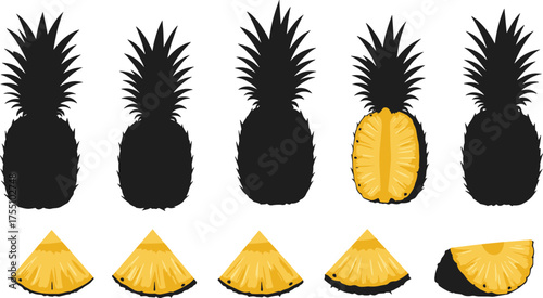 Pineapple fruit illustration, whole and sliced, tropical food vector, yellow texture detail, botanical sketch, summer icon, exotic slice anatomy