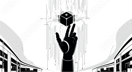 Robotic hand reaching for glowing digital cube in futuristic abstract environment