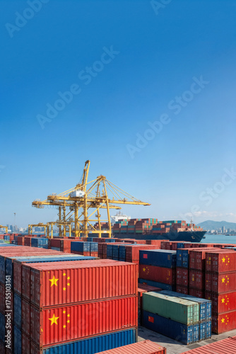 containers with the flag of china in the port with a crane and container ship in the background