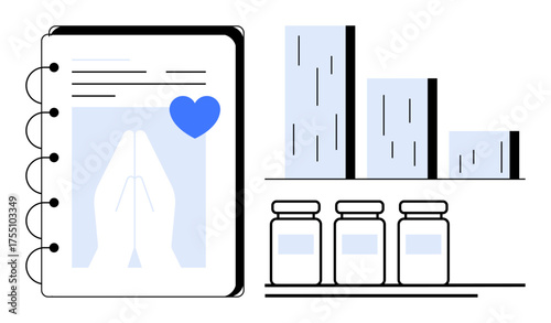 Open book with health report, hands in prayer gesture, blue heart, bar graph, and medicine bottles. Ideal for healthcare, wellness, documentation, data analysis medication healing spirituality