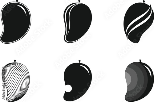 Stylized mango vector set, black and white fruit illustration, abstract tropical design, curved line artwork, CAD drawing flat vector illustration