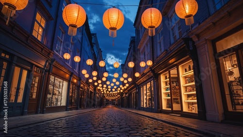 Fototapeta Naklejka Na Ścianę i Meble -  Lanterns glowing above cobbled urban street with warm storefronts at twilight