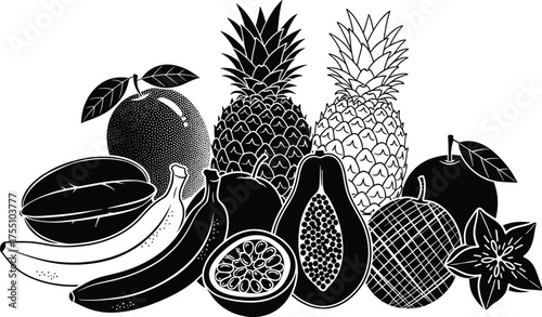 Tropical fruit sketch, black and white vector, exotic fruit collection, sliced and whole fruits, cad drawing flat vector illustration, healthy food 