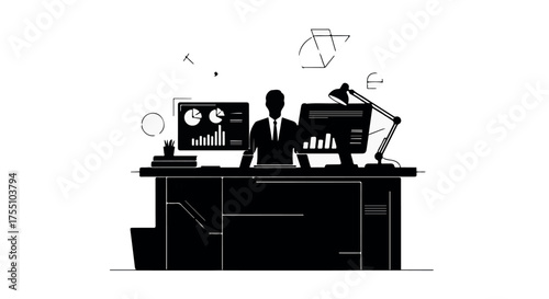 Focused businessman analyzing data on multiple computer screens in a modern office environment.