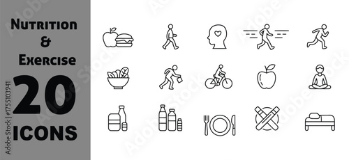 Nutrition and exercise icons set healthy lifestyle fitness food sport activities vector eps scalable
