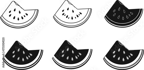 Watermelon slice illustration, black and white vector, fruit wedge drawing, minimalist design, seed detail, rind contrast, stylized summer fruit