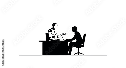 Human and robot collaborate at a desk, symbolizing future workplace integration and technology.