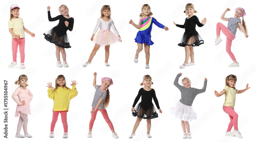 Obraz premium Happy children dancing on white background, collage