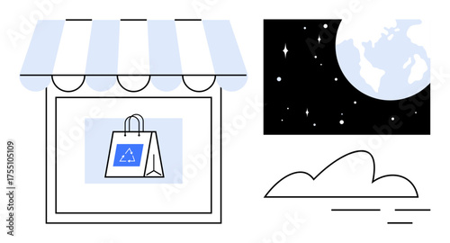 Storefront with recyclable bag and blue eco logo, Earth in starry sky, and cloud. Ideal for sustainability, eco-business, environmental awareness, green choices, global care, responsible shopping