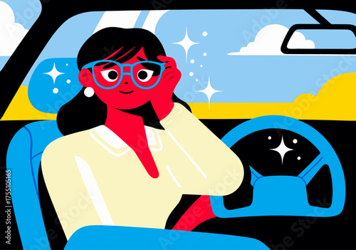 Creative Businesswoman Driving Car Interior with Stylish Eyeglasses