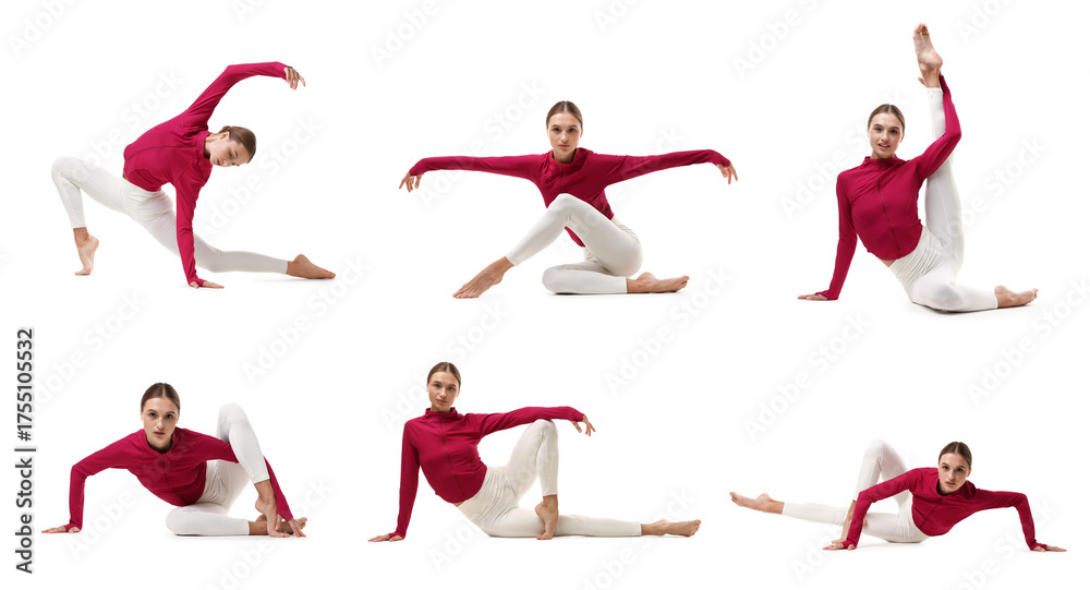 Obraz premium Woman doing gymnastic exercises. Collage on white background