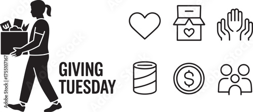 Giving Tuesday with Person Carrying Donation Box and Charity Icons