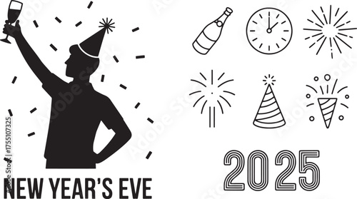 New Year's Eve celebration silhouette of person toasting and festive icons for countdown 2025