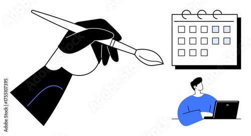 Hand holding paintbrush symbolizing creativity, calendar for scheduling, and person on laptop for productivity. Ideal for art, time management, design, creative planning, education, teamwork