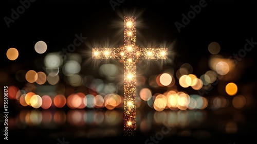Radiant golden cross shimmering with divine light against a bokeh city night, symbolizing faith, hope, and spiritual connection.