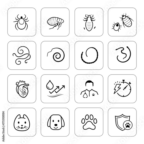 Icons sheet focuses on pets parasites and worms. The icons are designed to be versatile, suitable for use in informational materials, veterinary goods, pet care, apps, and more. EPS10.