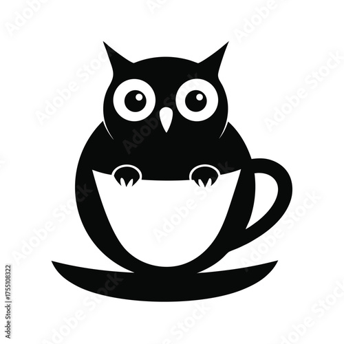 Black silhouette owl sitting inside teacup vector art illustration