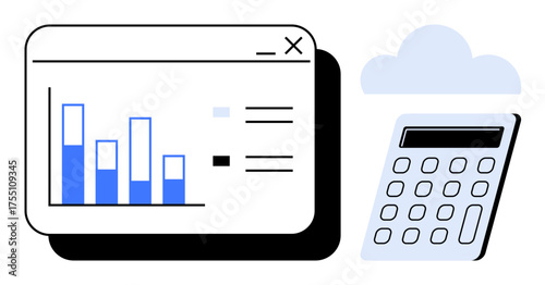 Bar graph interface window and calculator beside a cloud. Ideal for analytics, finance, accounting, statistics, computation, cloud services, business planning. Simple flat metaphor