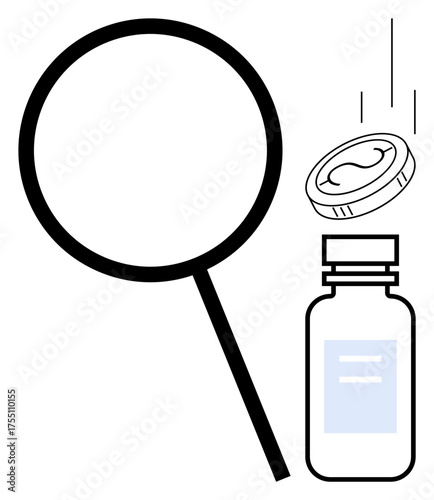 Magnifying glass inspecting medicine bottle while a capsule falls beside it. Ideal for health, research, medicine, science, pharmaceuticals, analysis, safety. Clean simple flat metaphor