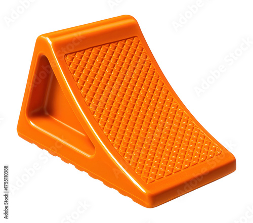 Compact plastic chock in a high-visibility color for vehicle maintenance areas.